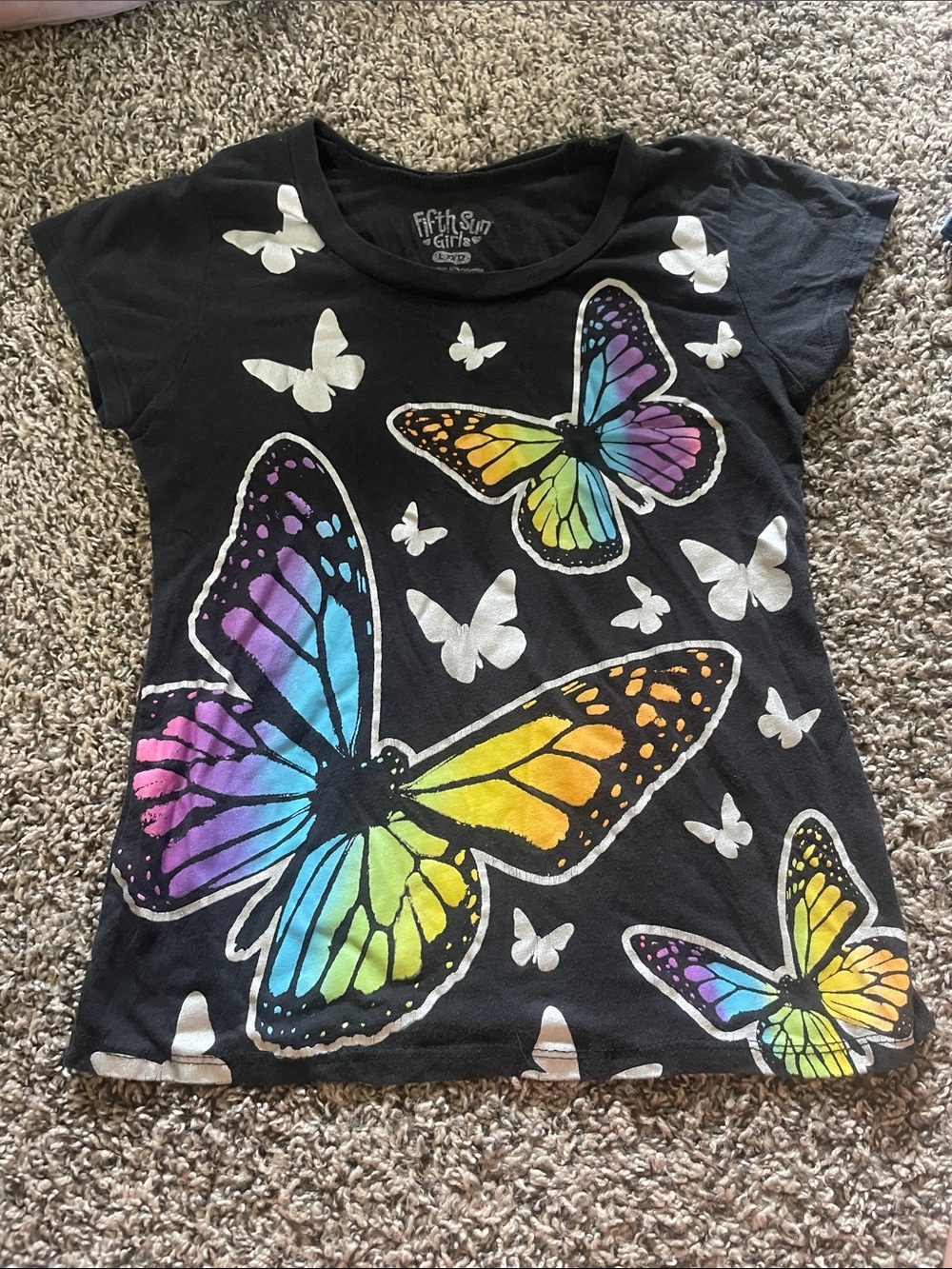 Fifth Sun Black Tee with Rainbow Butterfly Motif
